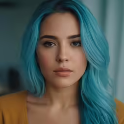 woman with blue hair and green lips staring off into the distance