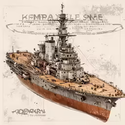 a large ship in rough grunge with a bunch of other ships and a sign behind it