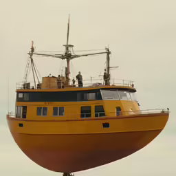 the yellow boat has people on its top