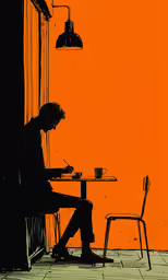man sitting at table using laptop computer in front of orange wall
