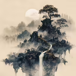 a japanese painting depicts a waterfall and a large pine tree