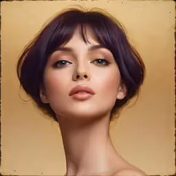 a woman with purple hair and an open face with a short fringe