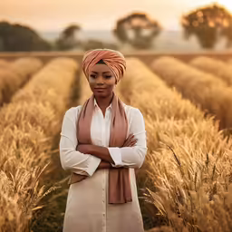 a woman wearing a headscarf stands in a wheat field