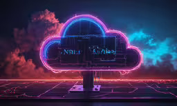 a blue cloud shaped like a computer processor in front of a dark sky,a neon cloud with the words net turbos on it