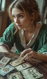 a girl in green shirt and white collaring next to table