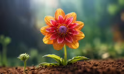 an orange and pink flower sits on the soil,a single colorful flower standing on a patch of dirt