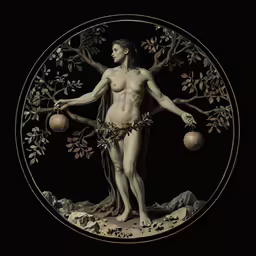 artwork in a circular frame, depicting a male nude holding fruit