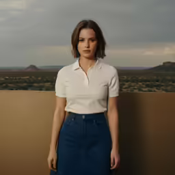 the woman stands in front of a backdrop of mountains and rocks