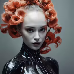 a woman with long orange hair is wearing plastic