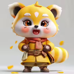 a little doll with a yellow coat and scarf is holding something in his hand,a small stuffed toy that has a furry animal on it