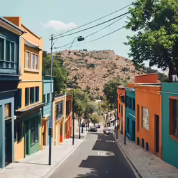 a view of a small city in california with mountains and blue skies