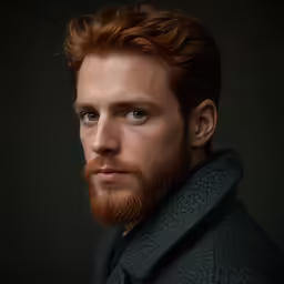 a close - up shot of a man with red hair, beard, and beard ring