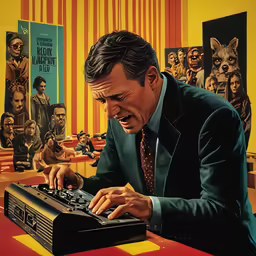 a man typing on a calculator in front of many movies