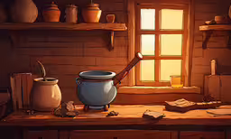 a painting of some pottery on a counter,there are pots in a room that has an open window