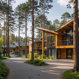a path between two large wooden homes and trees