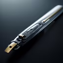 a long metal piece with black and gold trim