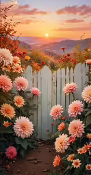 a white picket fence in a garden with pink flowers