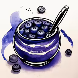 a blueberry bowl and spoon with watercolors