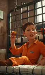 girl in orange shirt holding up her finger with small bowl of pickles on top