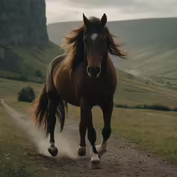 there is a horse walking along the dirt road