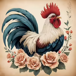 a painted picture of a rooster surrounded by flowers