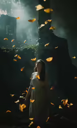 a girl is standing under the falling leaves