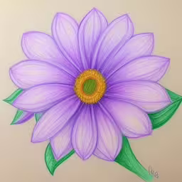 drawing of an abstract flower with colored pencils,a drawing of a purple flower on white paper,the purple flower has green leaves on it,the colorful flower is drawn on paper and is white,a drawing of a purple flower with green stems