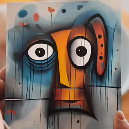 a person holding up a piece of art that has a painting of a face on it
