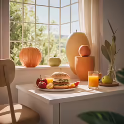fresh fruit and a burger are setting in front of the windows