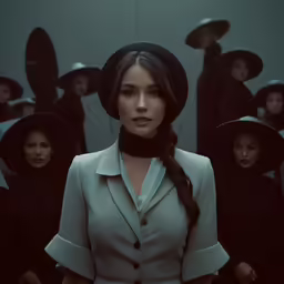 a woman in a suit standing in front of a large group of men
