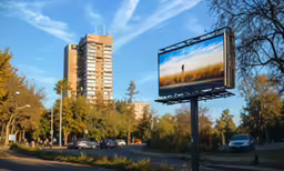a billboard is hanging on a pole in the middle of a street