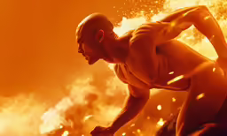 an naked man with a large amount of fire behind him