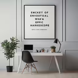 a room with a desk and a potted plant on the floor