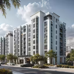 large apartment building on the corner with cars driving by