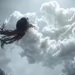 a woman floating in the air and surrounded by clouds