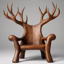a wooden chair with horns on the back