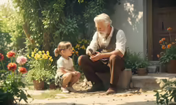 an older man sitting next to a little girl