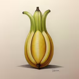 there is a painting of three bananas that have been split in half,an image of three bananas in a vase,this painting depicts bananas still on display in an elegant vase,this is a painting of bananas in the shape of a vase,a large painting of yellow bananas with a very long stem