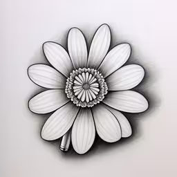 a black and white image of a large daisy,an abstract drawing of a flower in a circle