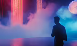 a man in black suit standing on stage with smoke pouring out from the air
