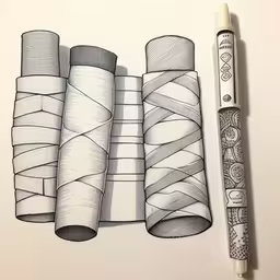 several rolls of tape are wrapped on to another piece of paper,the drawing is being worked on with a pen and some items