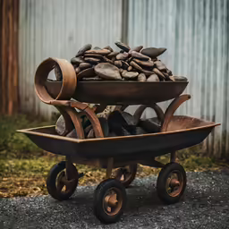 a wagon with a wooden wheel that has been converted into a fire pit
