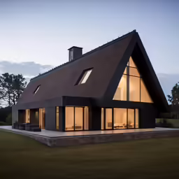 a black house is lit up in the evening