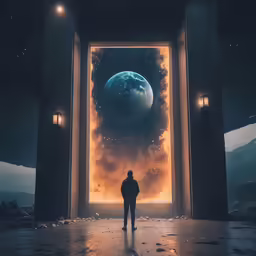 man standing alone looking at an open space with planets in the background