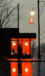 the silhouette of people is seen by a restaurant