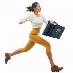 a woman carrying a briefcase while running
