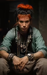 there is a male wearing metal chains and red hair