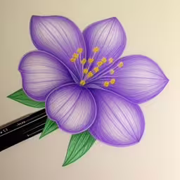 this is an artistic drawing of a purple flower,this is a drawing of a flower drawn with colored pencils,the purple flower is drawn on a white sheet of paper,a drawing of a flower on top of a piece of paper,the purple flower is drawing with pencils