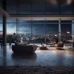 there is a living room with couches and lamps