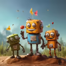 the three animated robot figures are standing in the dirt